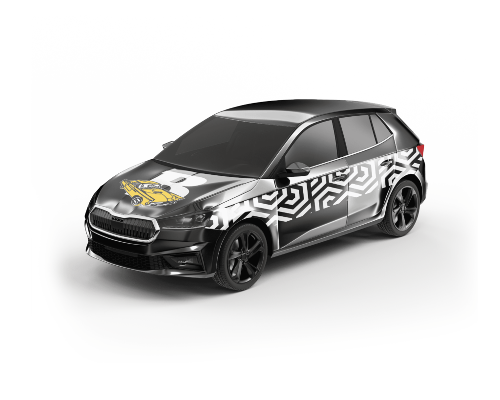 Schwarzes Auto mit grafischem Design und gelbem Logo